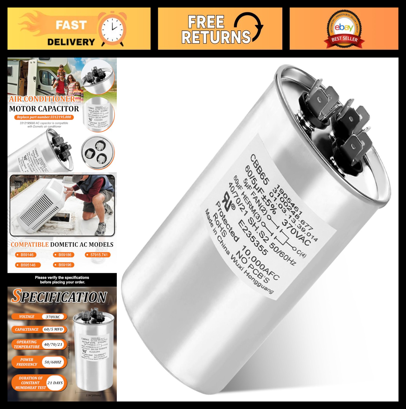 Heavy Duty RV Air Conditioner Capacitor 60/5 MFD - Replacement for Dometic AC Mo