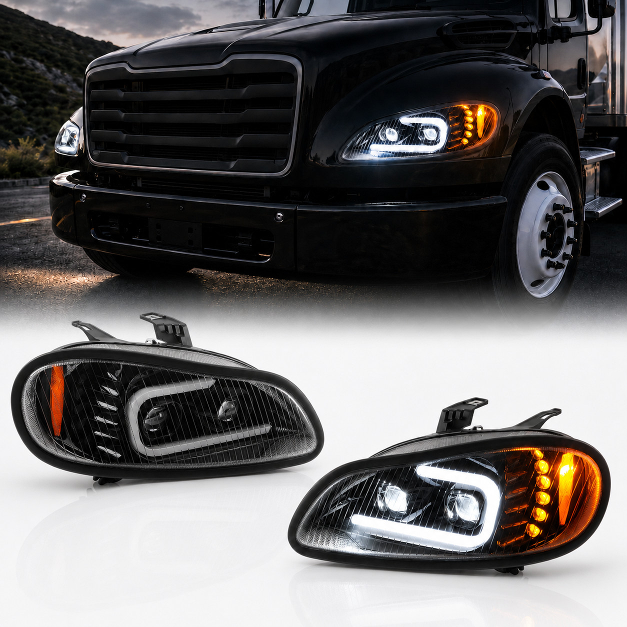 For Freightliner M2 106 112 2003-2019 LED DRL SIGNAL Projector Headlights Black