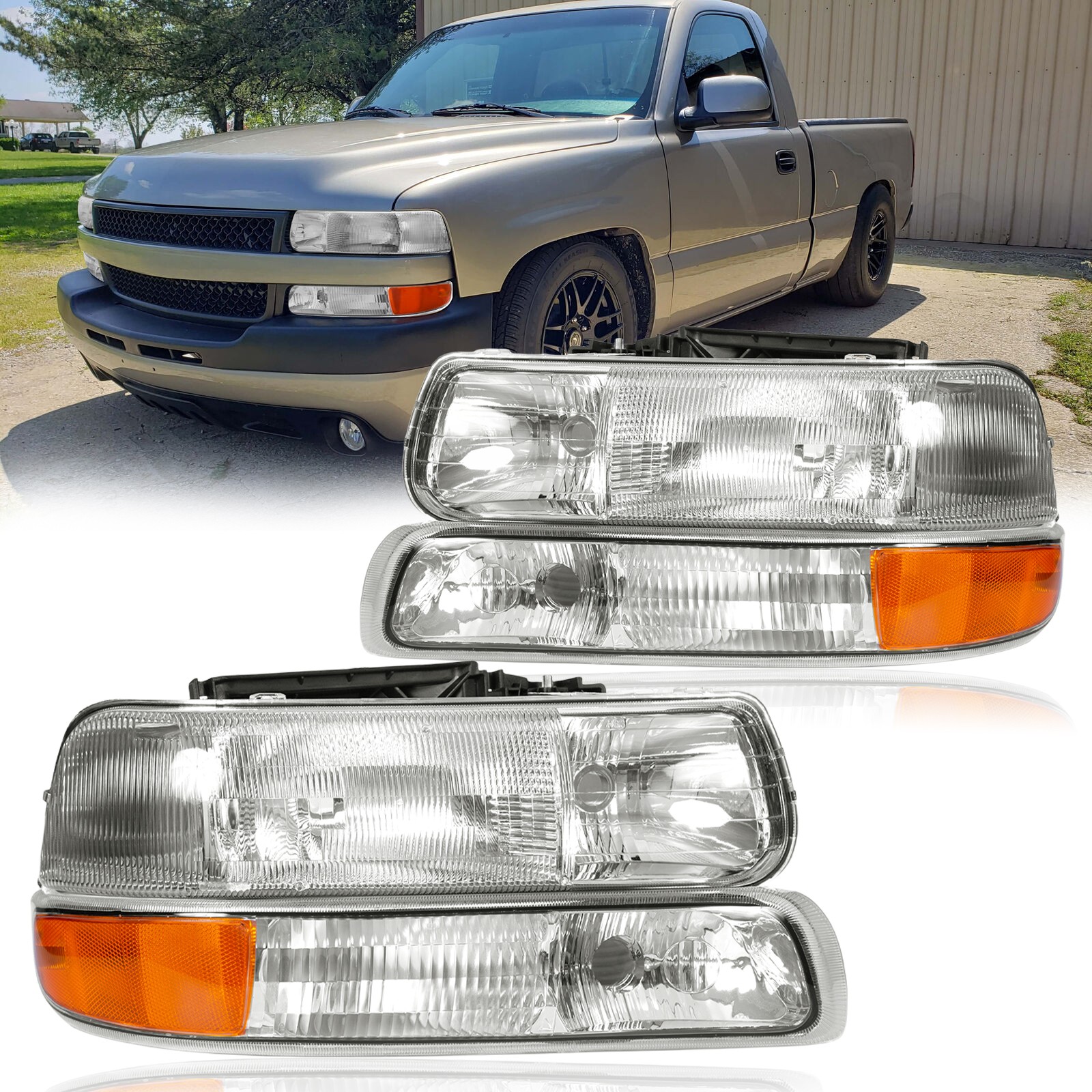 Headlights w/ Bumper Light Headlamps for 99-02 Silverado 00-06 Tahoe Suburban