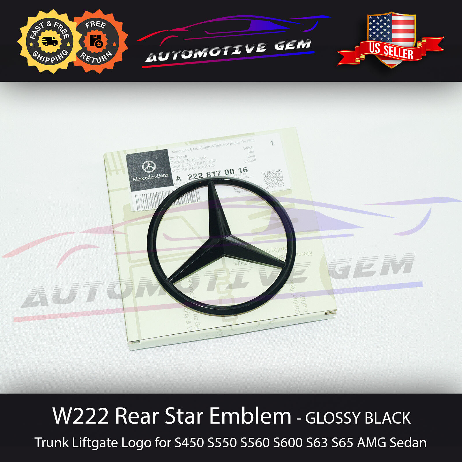 W222 SEDAN Mercedes GLOSS BLACK Star Emblem Rear Trunk Lid Logo Badge AMG S550