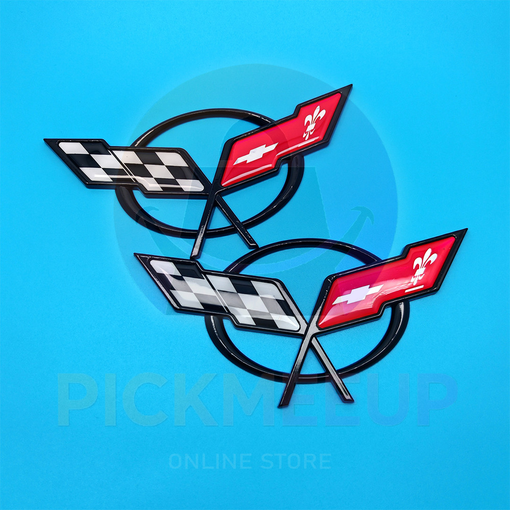 1997-2004 C5 Corvette  Front Bumper Rear Deck Lid Cross Flags Emblem Black 2PC