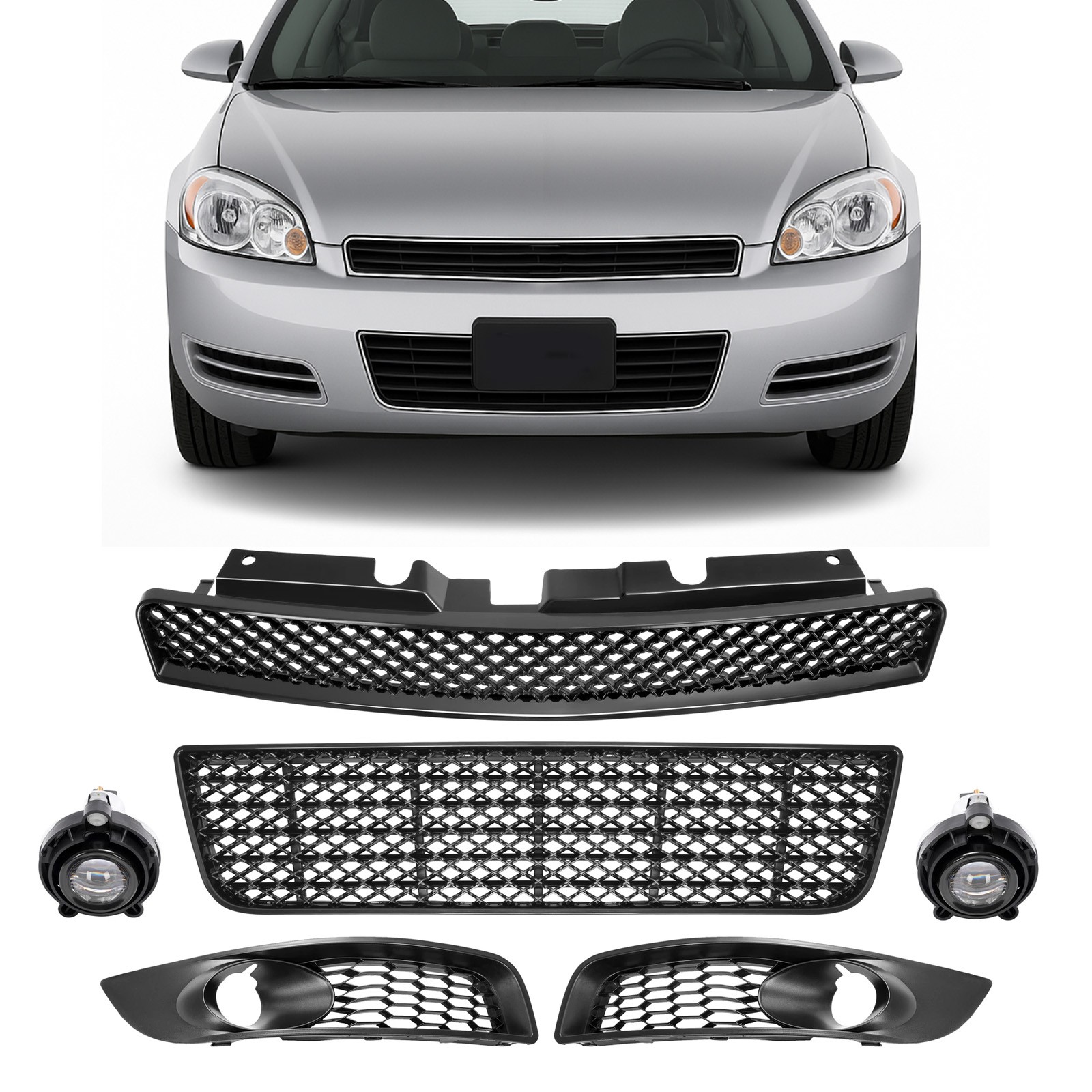 Front Grille Mesh Style Fog Lights& Bezels Set 6Pcs Fits 06-13 Chevrolet Impala
