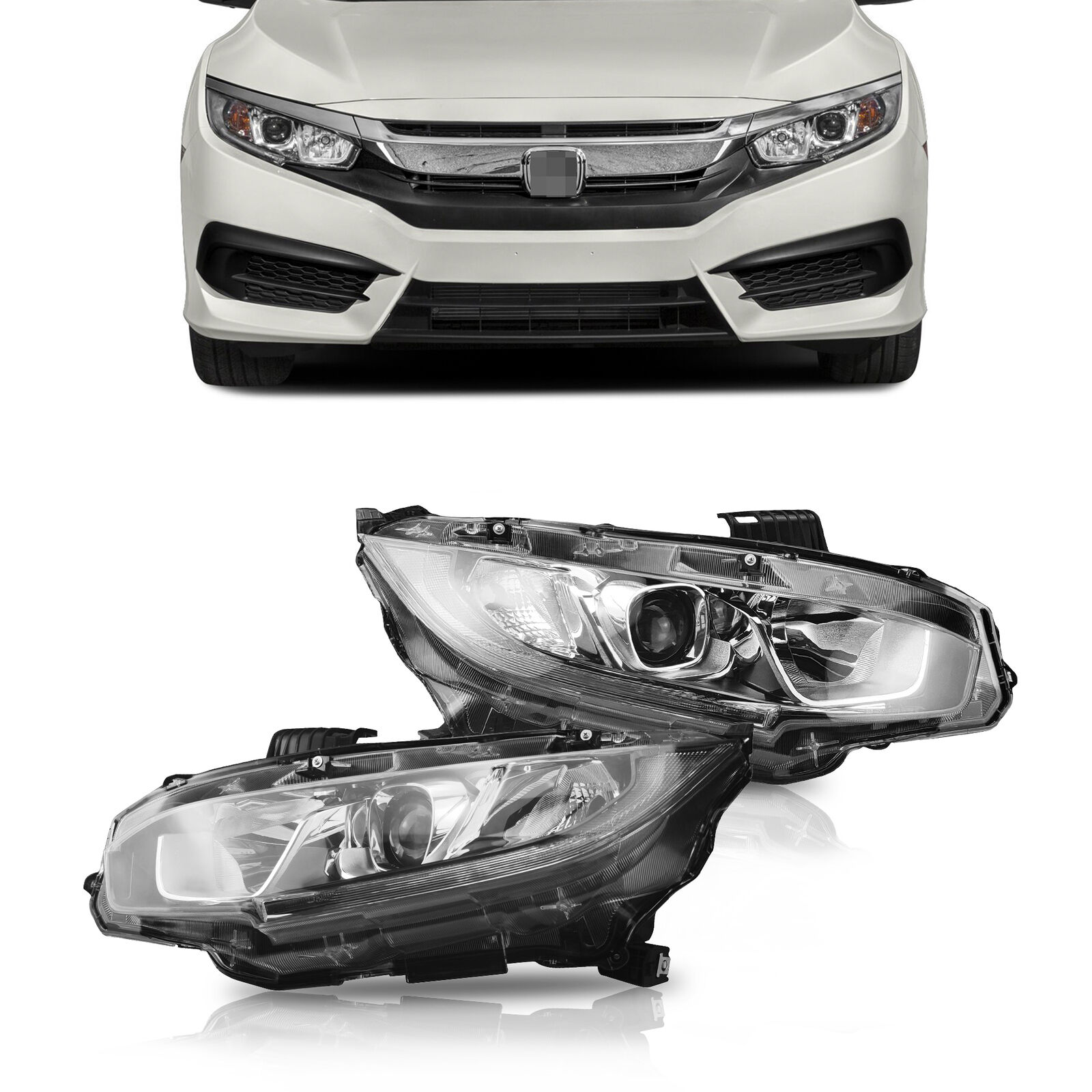 For 2016-21 Honda Civic 2pcs Left & Right Halogen Headlights Assembly Lamps