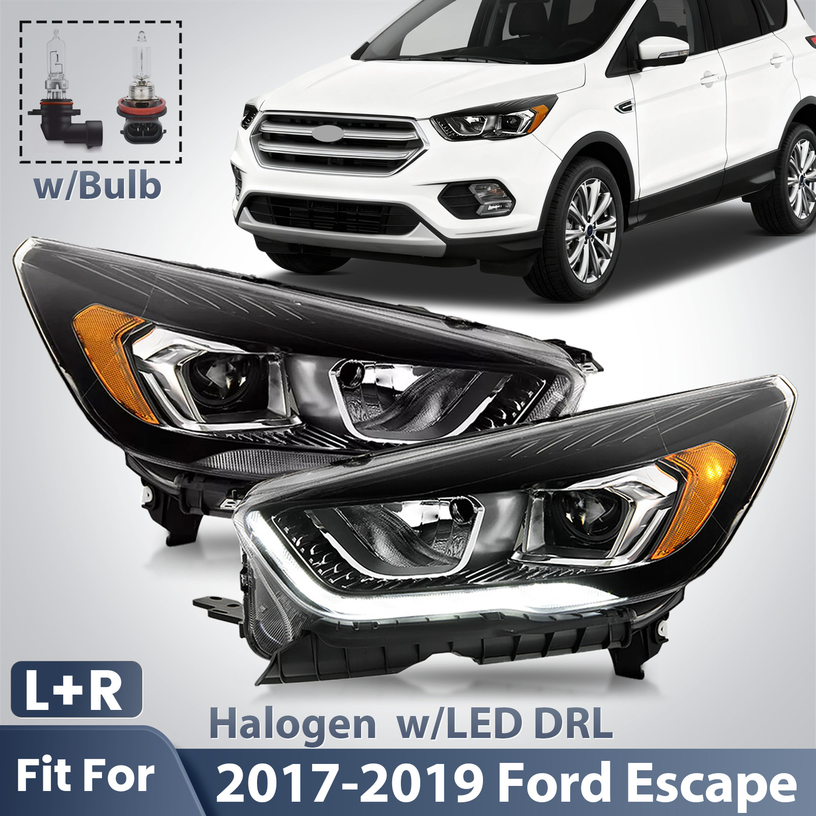 Halogen Headlight For 2017-2019 Ford Escape Black w/LED DRL w/Bulb Left+Right