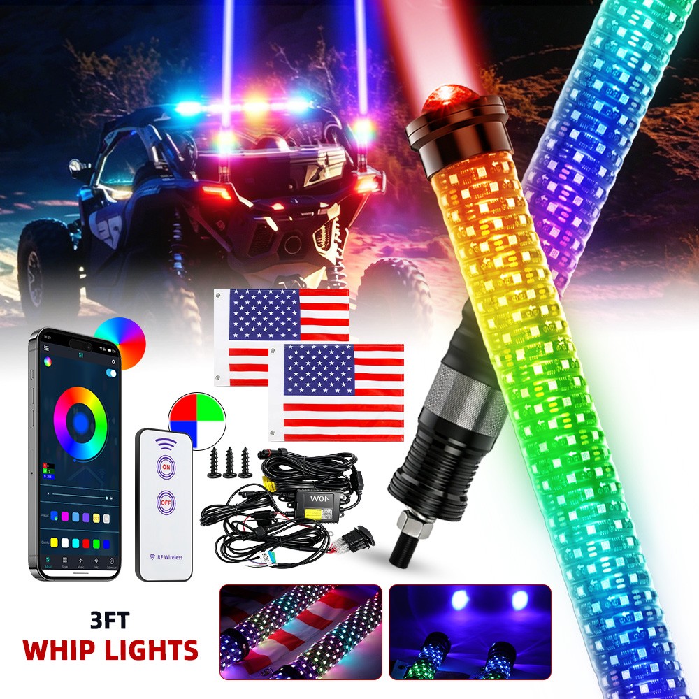 2-IN-1 3FT Fat Whip Lights Spiral Chasing UTV ATV Laser Whip Light APP Control