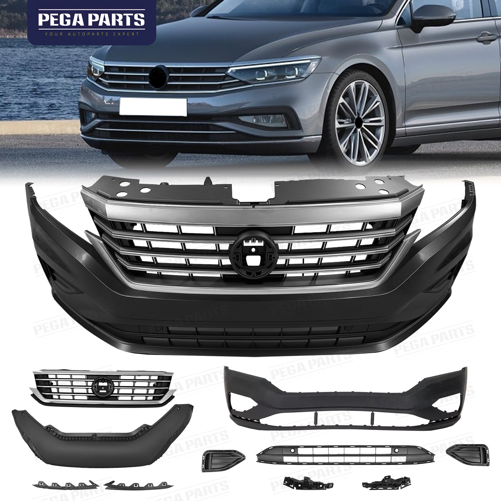 For 20-22 VW Volkswagem Passat SE Front Bumper Cover Kit w/Chrome Upper Grille