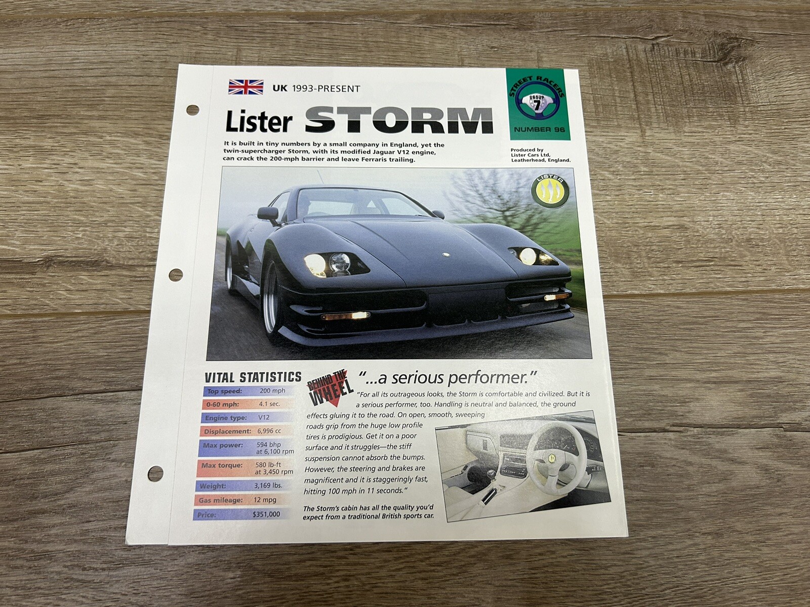 Hot Cars Street Racers 1993 Lister Storm #96 Folder Brochure Spec Sheet