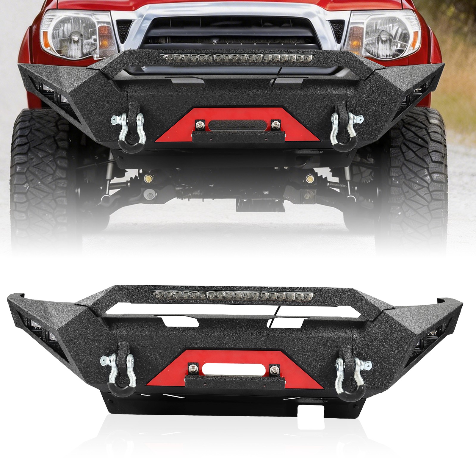 For 2005-2015 Toyota Tacoma Black Front Bumper w/Winch Plate & LED light+D-ring