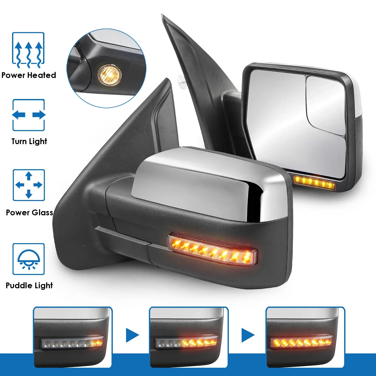 Pair Chrome Power Heated Tow Mirrors w/ Streamer Signal For 2004-2014 Ford F150