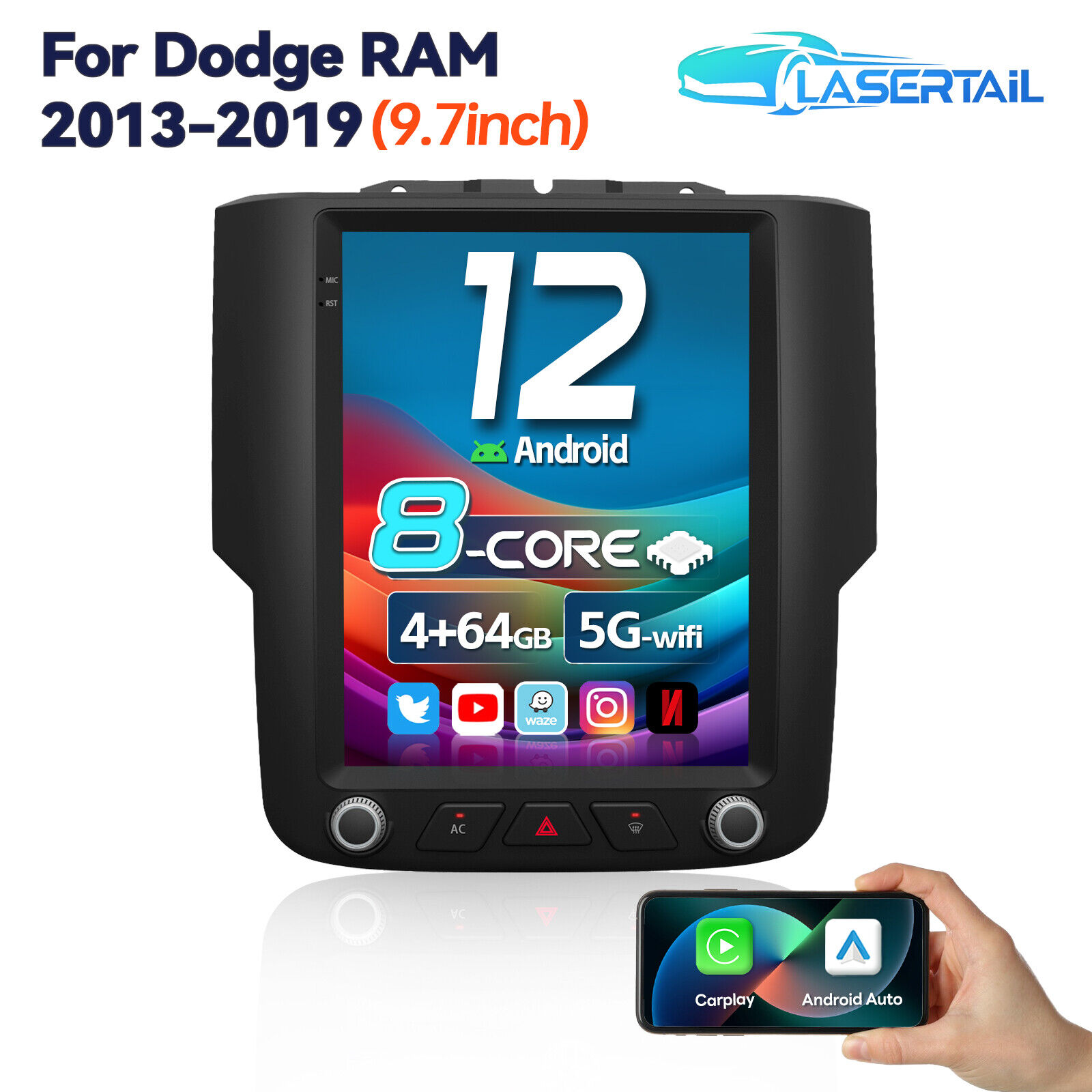 For 2013-17 Dodge RAM 1500 2500 Android 12 Car Radio Stereo Carplay GPS Navi 64G