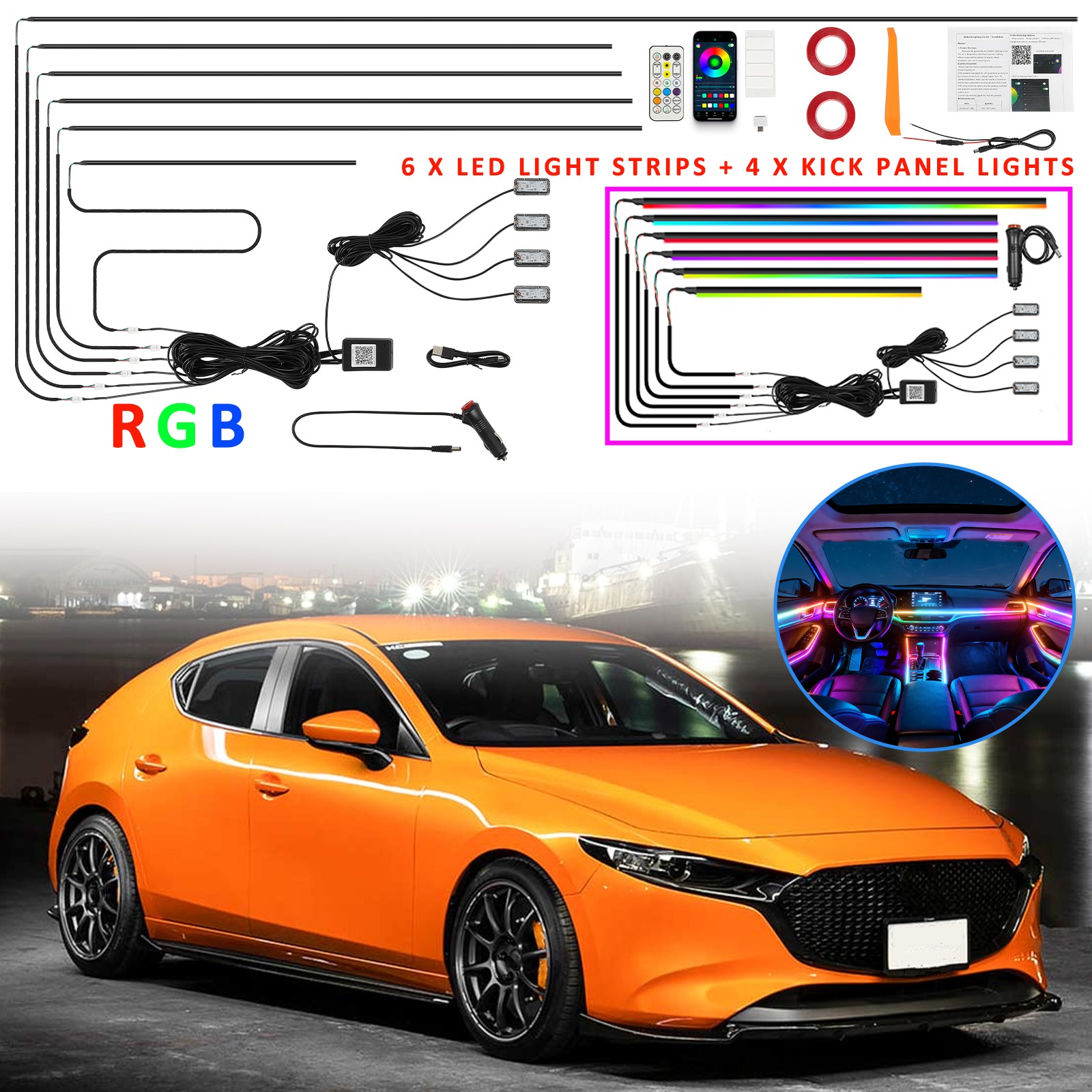 10 in 1 RGB LED Neon Interior Strip Light Ambient Lights Kits For Mazda 2 3 5 6
