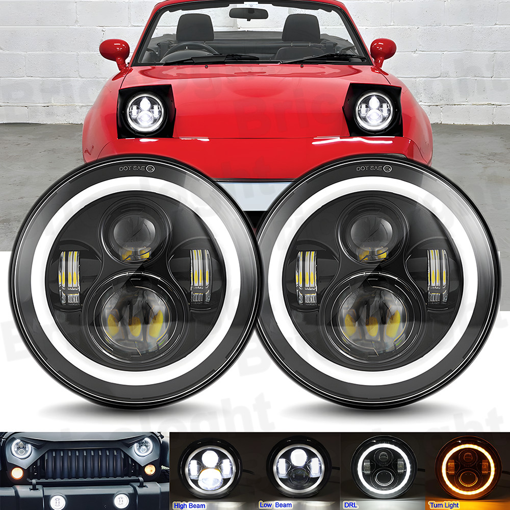 Pair DOT 7 inch Round LED Hi/Lo Beam Headlights for Mazda Miata 90-97 MX5 RX7 A+