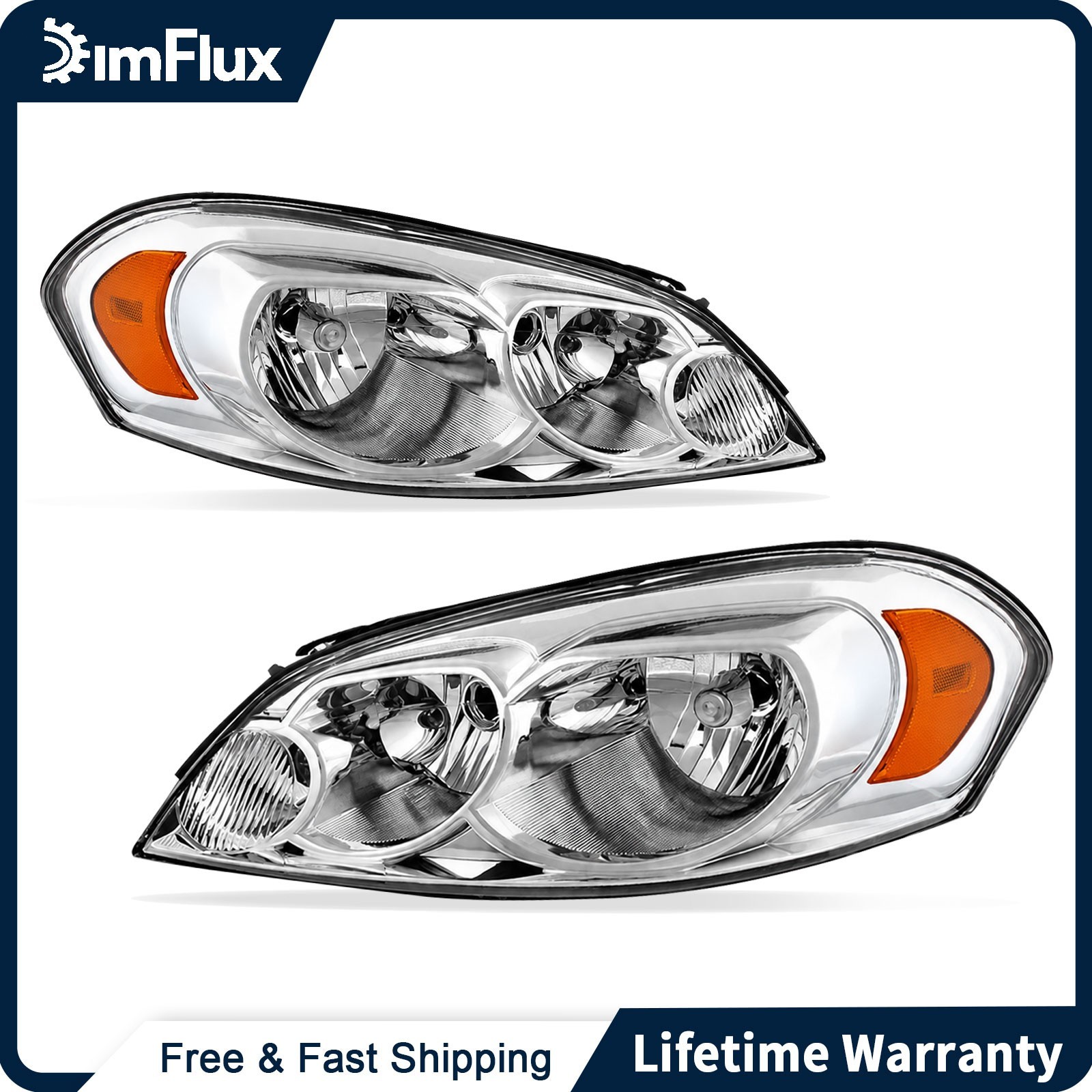 DimFlux Headlights for 2006-2013 Chevy Impala Amber Reflector Chrome Housing DimFlux Headlights for 2006-2013 Chevy Impala Amber Reflector Chrome Housing