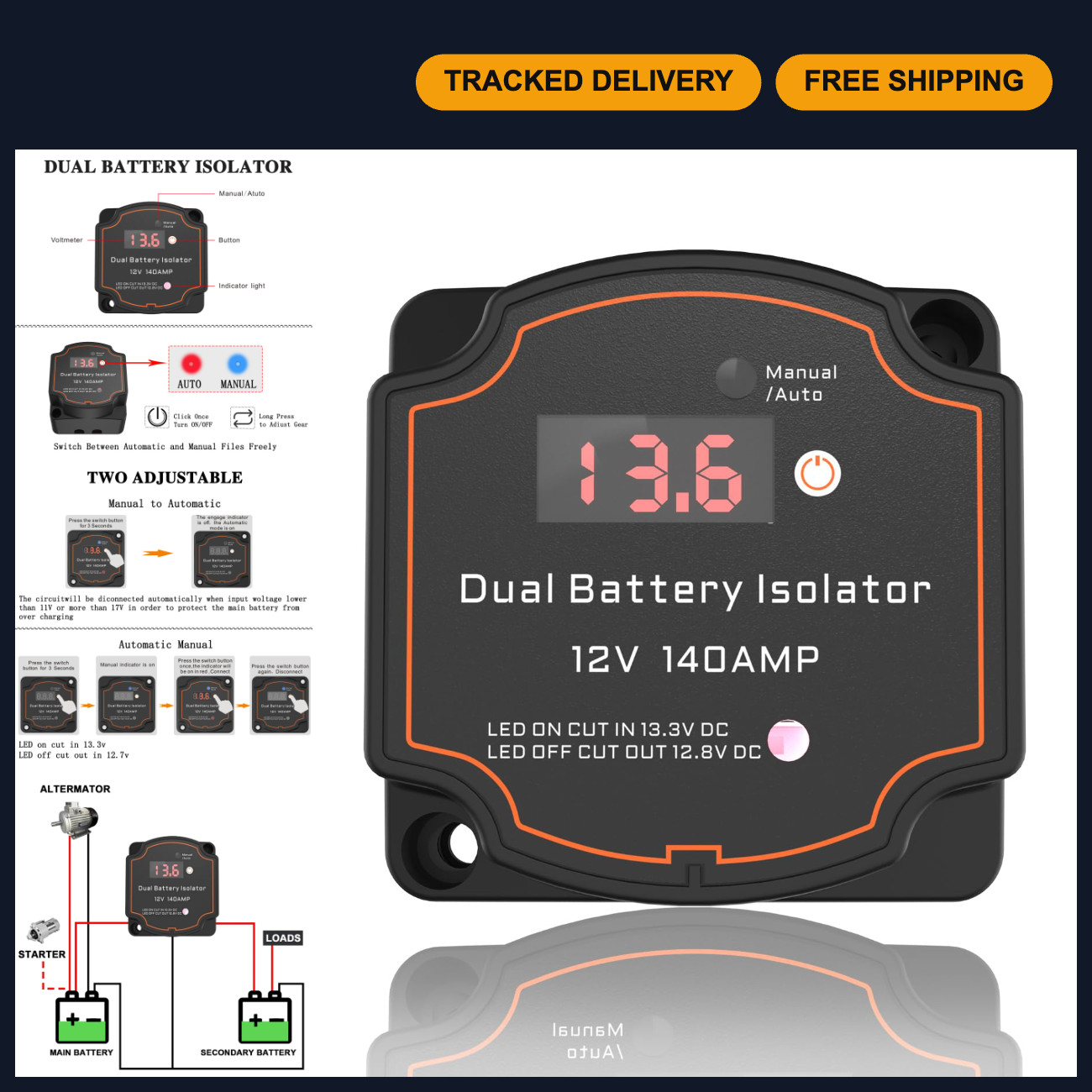 12V 140A Smart Dual Battery Isolator, Waterproof VSR with Digital Voltmeter for