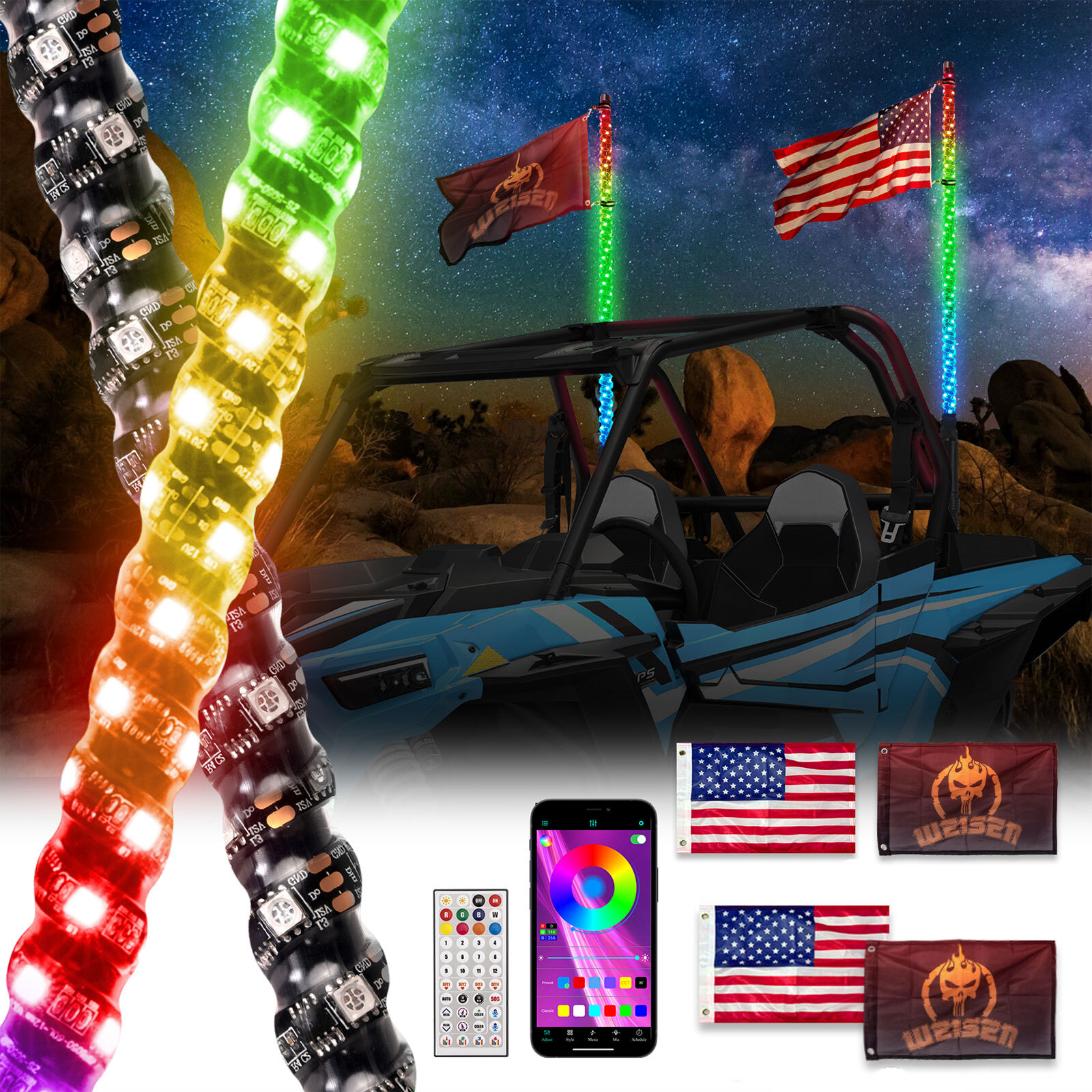 NEW Pair 4ft RGB Spiral LED Whip Lights Antenna Chase~ + Flag&Remote for ATV UTV