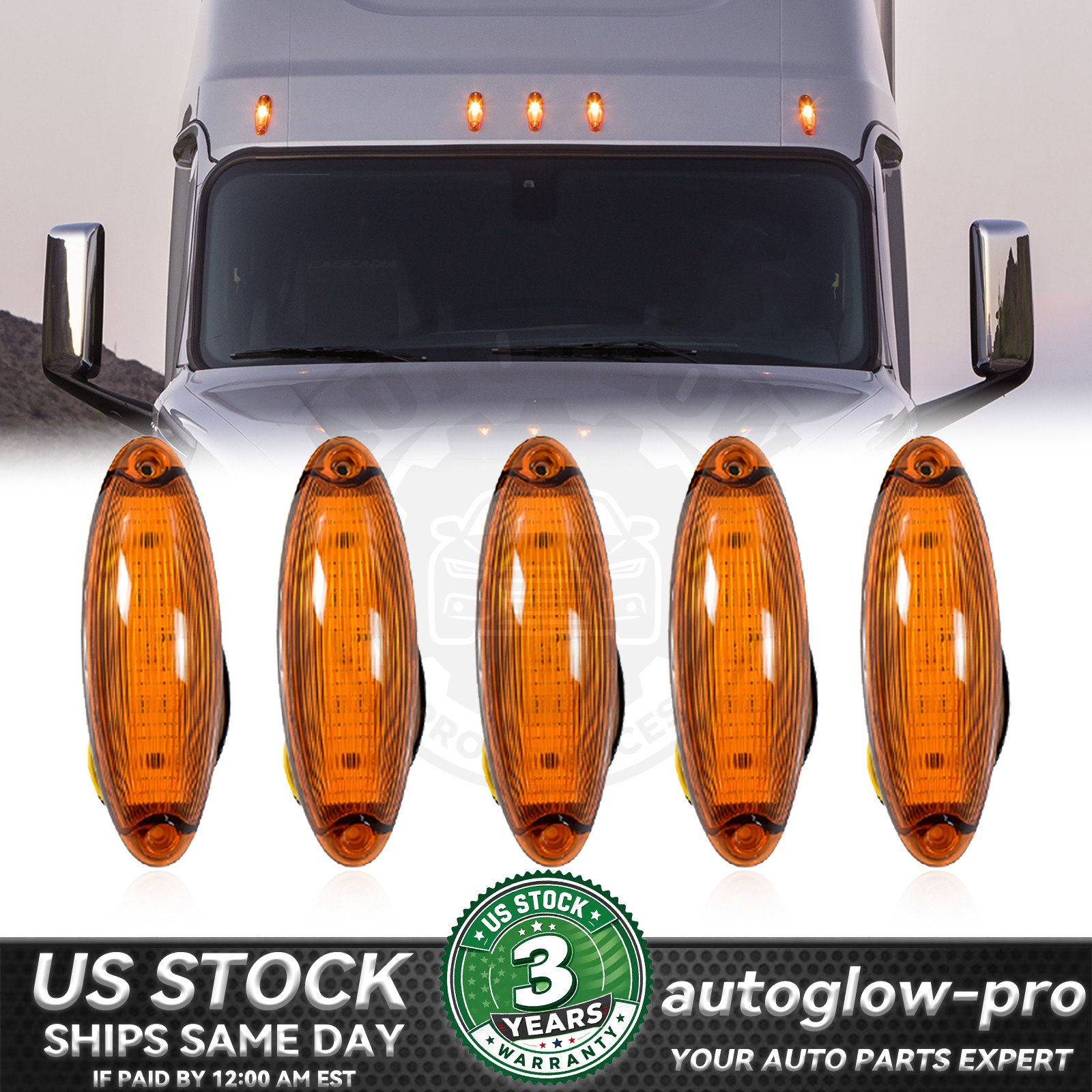 5 Pack Raised Amber LED Cab Roof Marker Lights For 2008-up Freightliner Cascadia