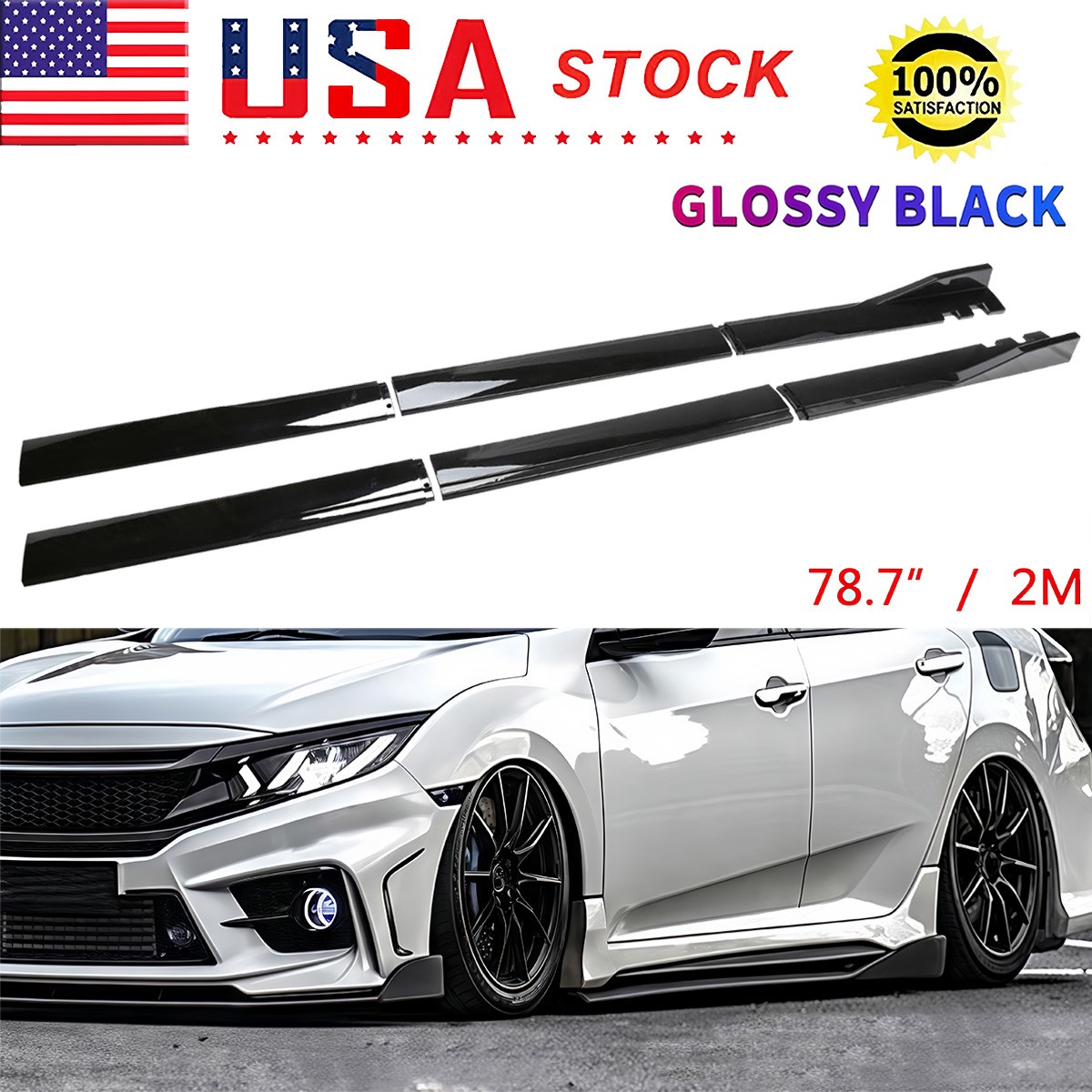 For Honda Civic Sedan 2010-2023 Gloss Black Side Skirt Splitter Rocker Panel Lip