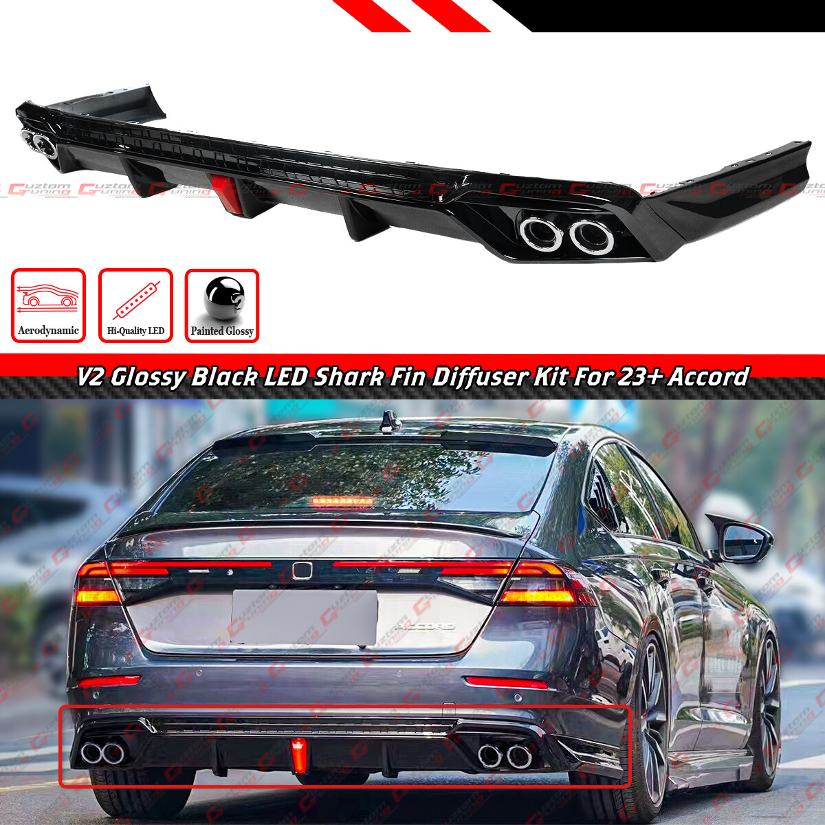 FOR 2023-2026 Honda Accord V2 Gloss Black Rear Bumper Diffuser Kit W/ LED Light FOR 2023-2026 Honda Accord V2 Gloss Black Rear Bumper Diffuser Kit W/ LED Light
