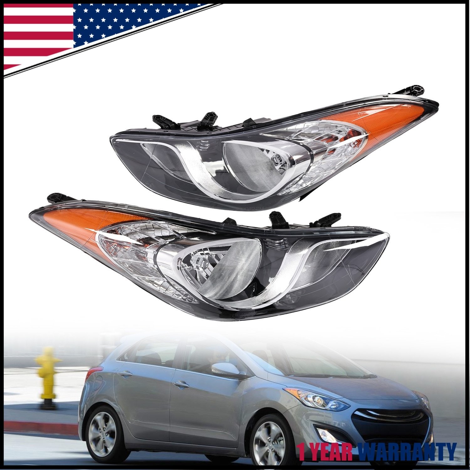 Pair Set Halogen Headlight Headlamp Assembly For 2011-2013 Hyundai Elantra