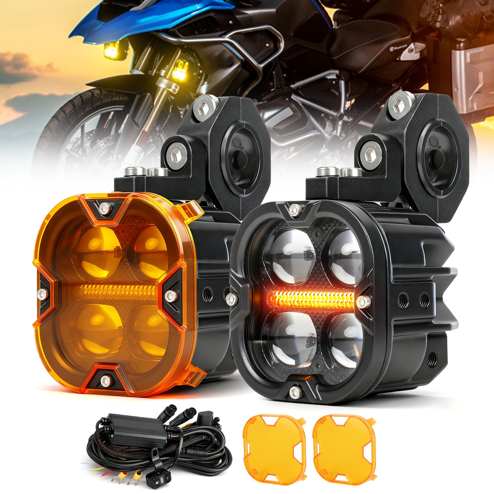 300W Motorcycle Driving Spot Lights LED Auxiliary Fog Lights DRL Amber & White