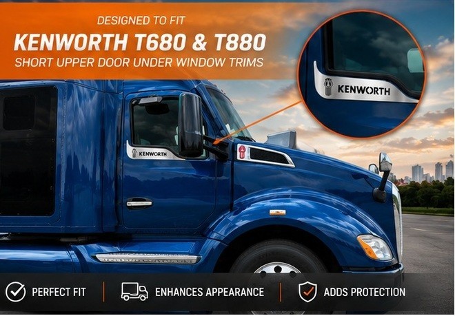 Kenworth T680 T880 SHORT Under Window Trim W/KW LOGO AND SIGN CUTOUT SS Pair Set