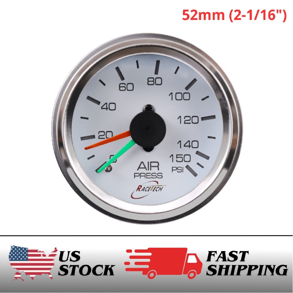 RACETECH 52MM 150 PSI Dual Needle Mechanical Air Suspension Pressure Gauge White