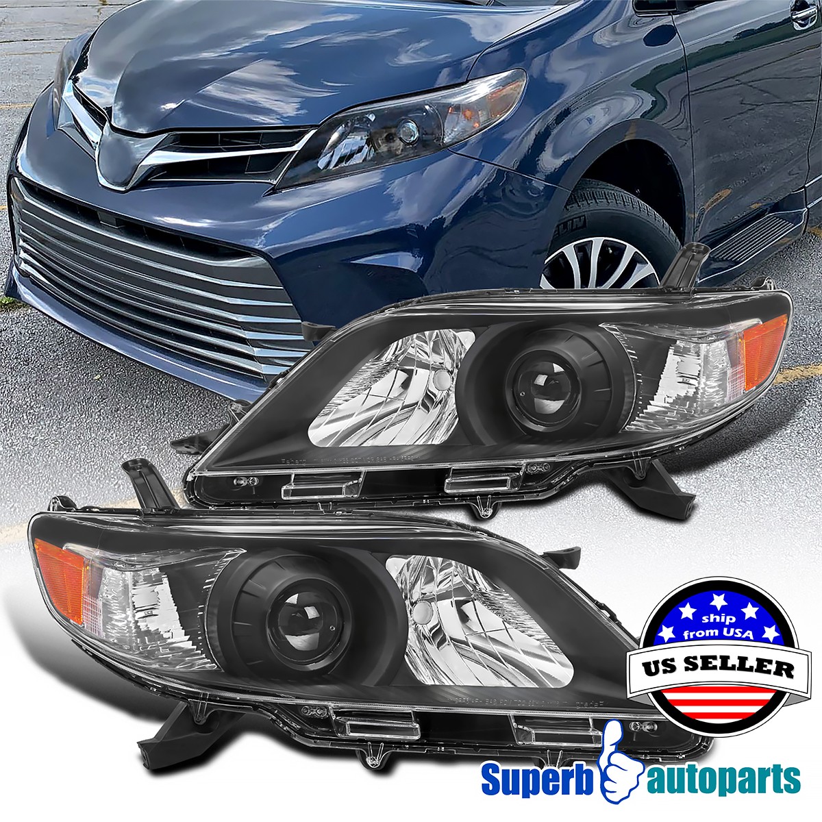 Fits 2011-2020 Toyota Sienna Black Projector Headlights lamps Pair Left+Right Fits 2011-2020 Toyota Sienna Black Projector Headlights lamps Pair Left+Right
