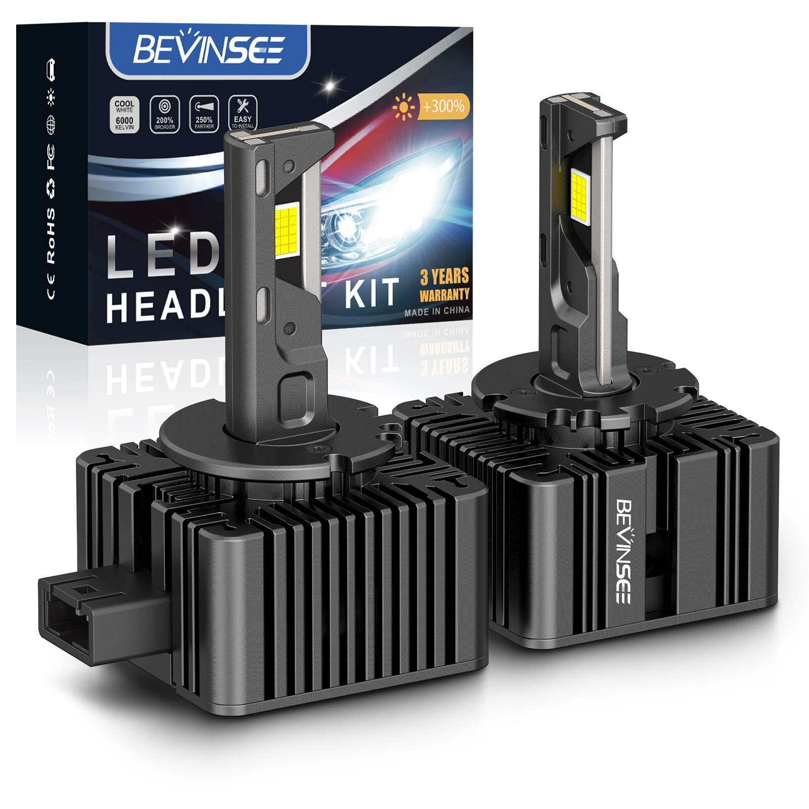 BEVINSEE D1S D1R LED Headlight Bulbs High Low Beam Bright White HID Replace