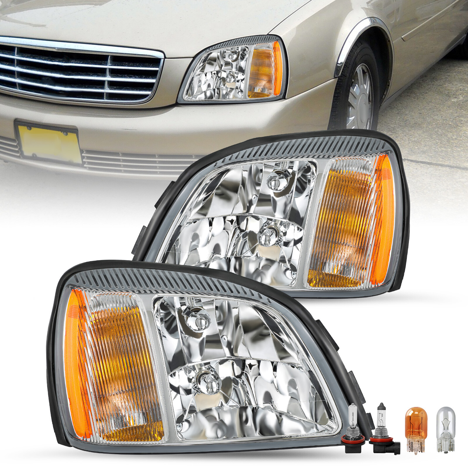 Chrome Headlights For 2000-2005 Cadillac Deville Halogen Headlamps 00-05 LH+RH