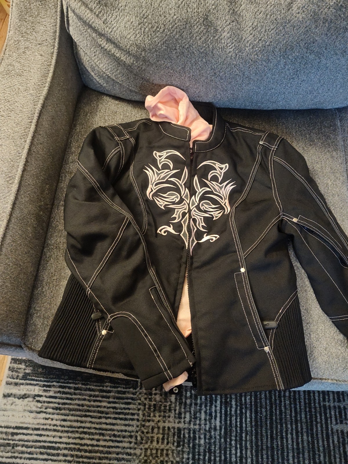 Women\'s Biker Jacket Doulon Nylon Twill Fleece Hooded NexGen Black Pink Large Women\'s Biker Jacket Doulon Nylon Twill Fleece Hooded NexGen Black Pink Large