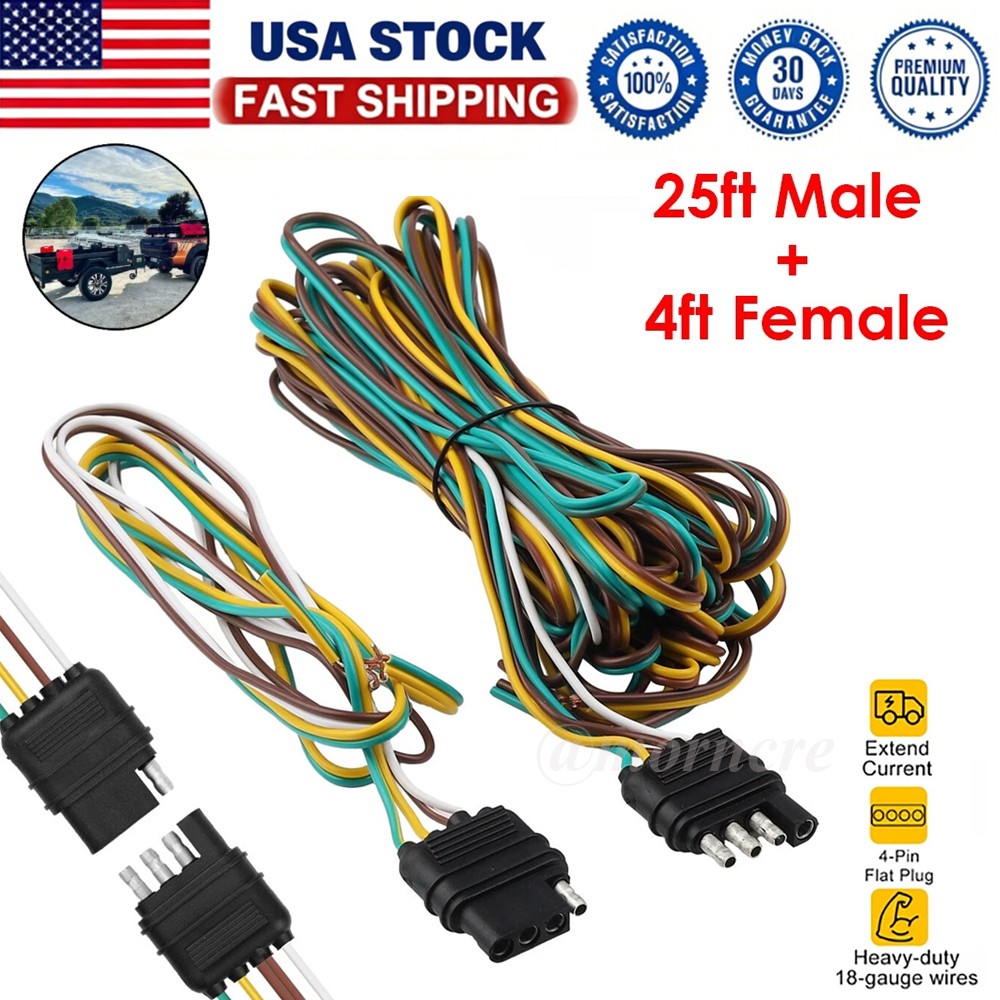 25\' 4-Pin Trailer Light Plug Wiring Harness Extension 18 AWG Flat Wire Connector