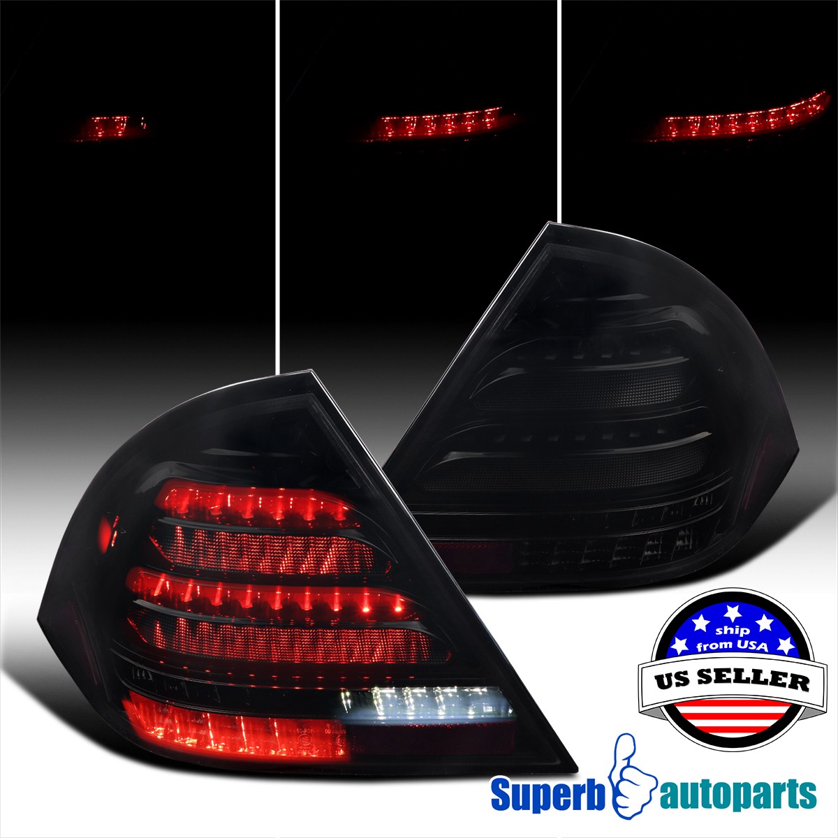 Fits 2001-2004 Mercedes-Benz W203 C-Class Black Smoke Tail Lights LED Sequential