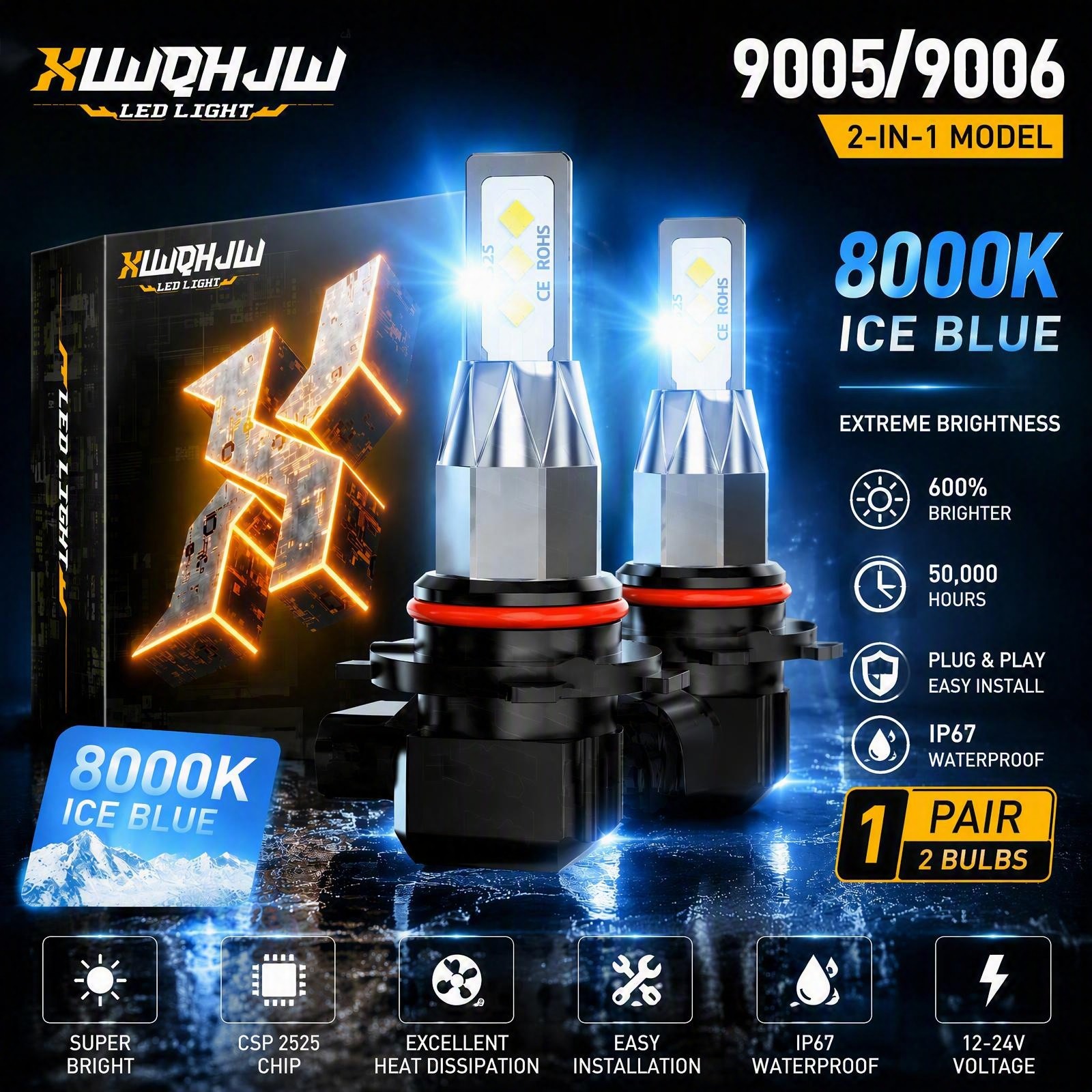 XWQHJW 9005 HB3 Led Headlight Bulbs High Beam Super Bright Blue 8000K 80000LM