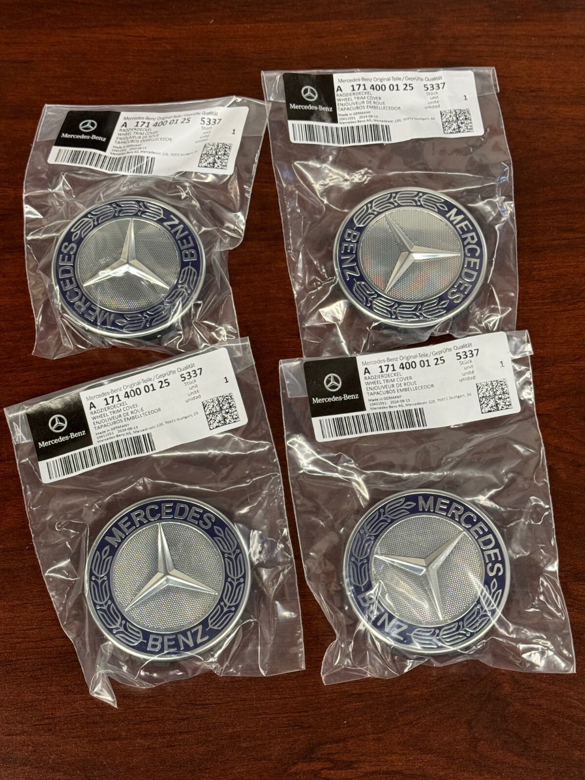4x Mercedes-Benz Genuine Chrome With Royal Blue Wheel Center Hub Cap SET NEW 