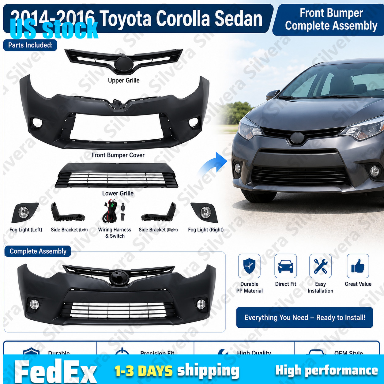 Fits 2014-2016 Toyota Corolla Sedan L LE Front Bumper Cover Kit W/ Fog Lights