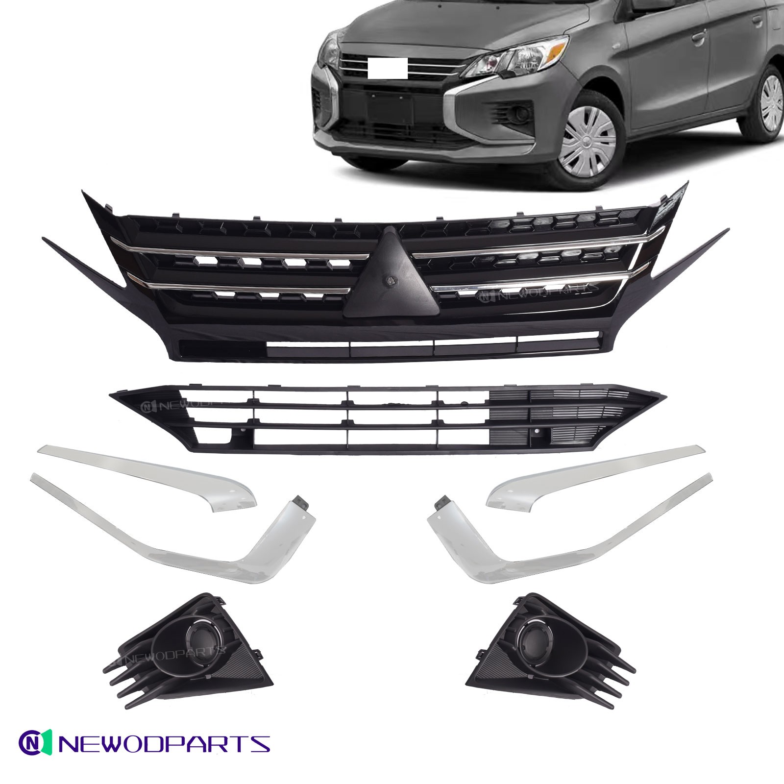 For Mitsubishi Mirage 2021-2024 Front Bumper Grille W/Trim&Fog Lamp Cover 8PCS