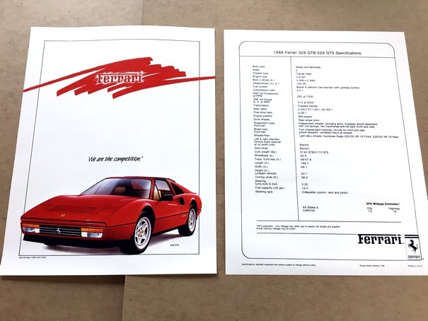 1988 Ferrari 328GTS 328GTB 328 1-page Original Sales Brochure Collectors Card 1988 Ferrari 328GTS 328GTB 328 1-page Original Sales Brochure Collectors Card
