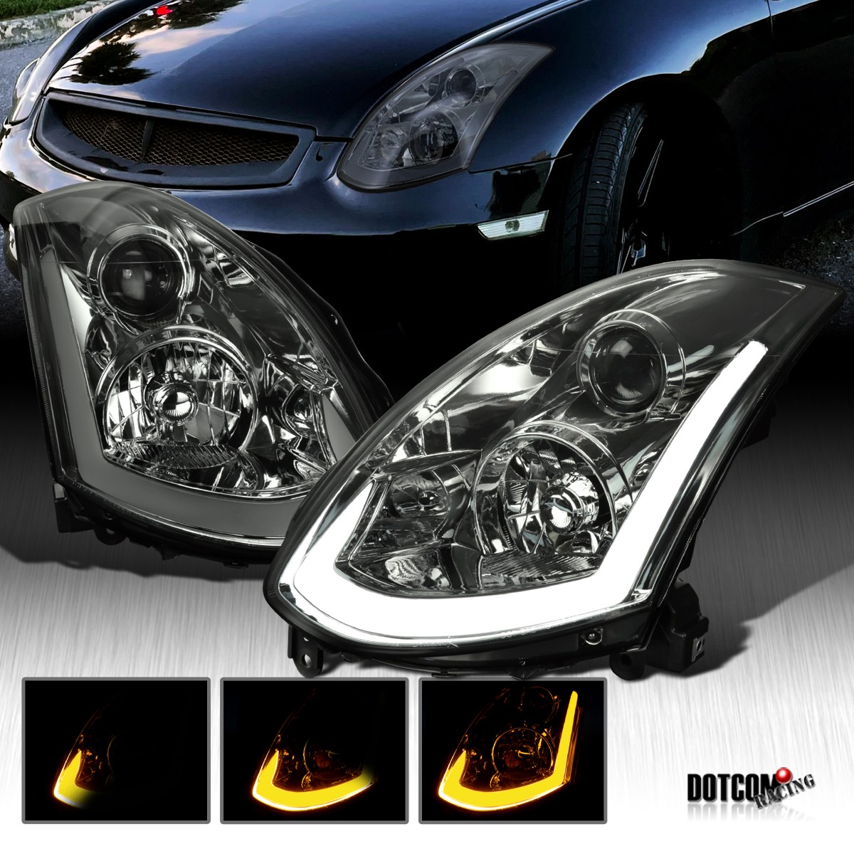 Fit 2003-2007 Infiniti G35 Coupe Smoke HID Projector Headlights LED Sequential