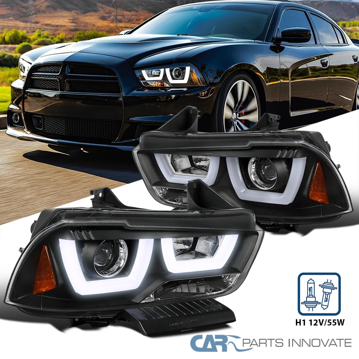 Fits 2011-2014 Dodge Charger Black Projector Headlights Dual Iced LED Halo Ring