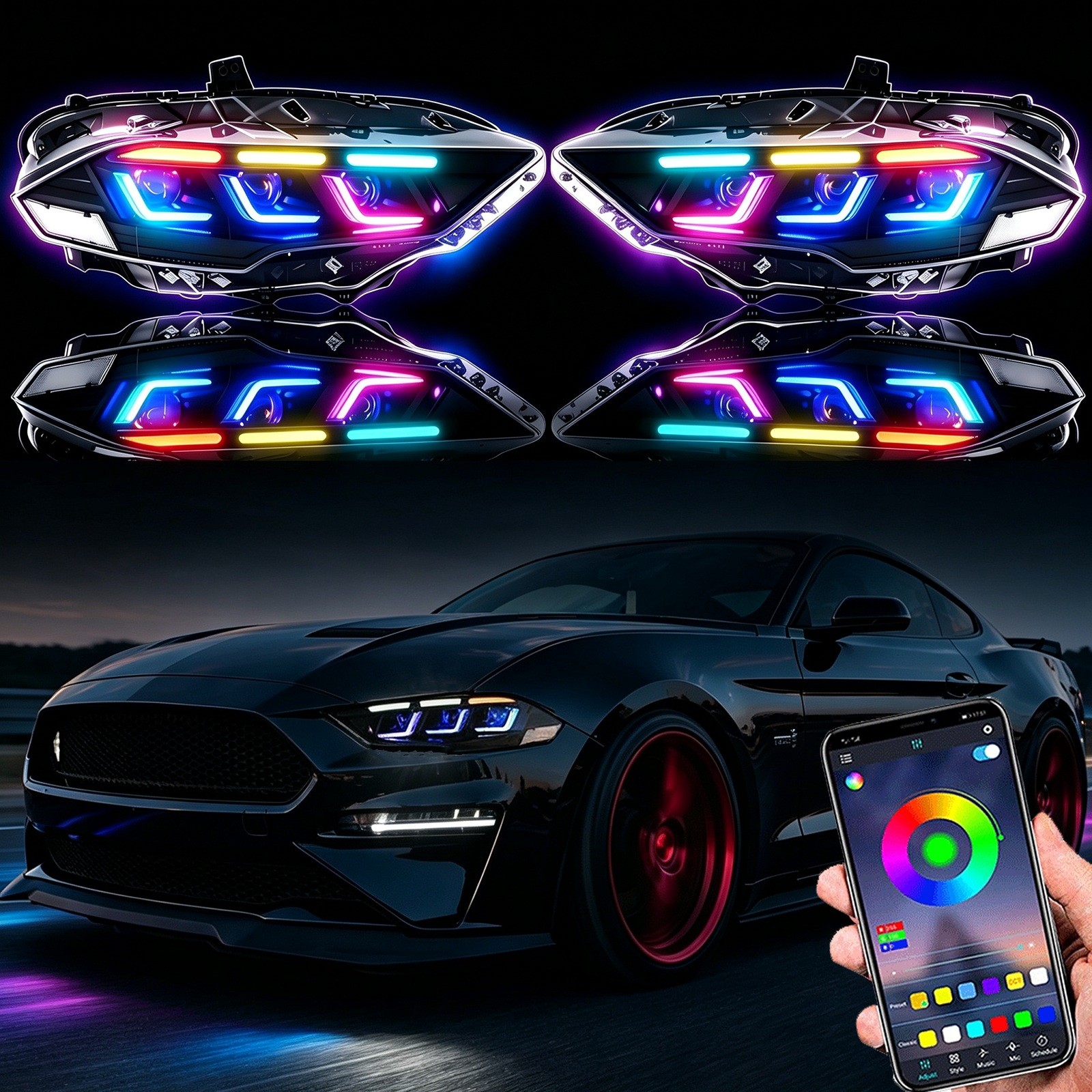 LED Tri-Projector Headlights RGB For 2018-2023 Ford Mustang Dynamic Animation 2x