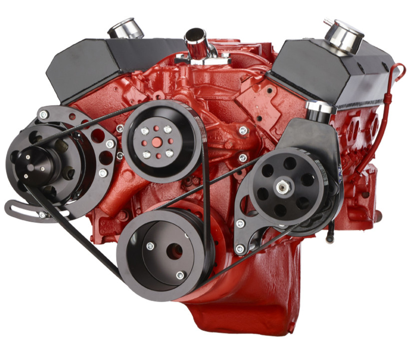 Black Small Block Chevy Serpentine Conversion Kit - Power Steering, SBC 350 400