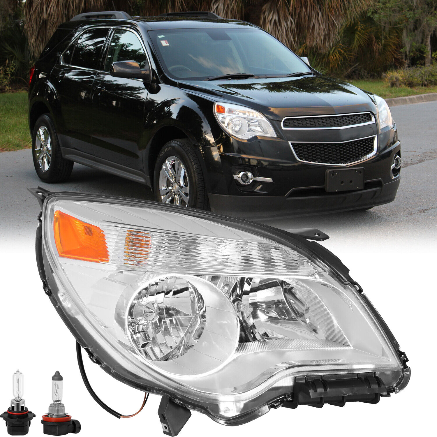 For 2010-2015 Chevy Equinox Halogen Chrome Headlights Passenger Right w/ bulb