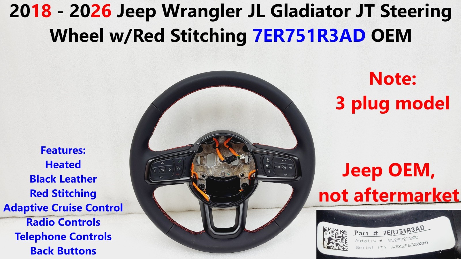 2018 -26 Jeep Wrangler JL Gladiator JT Steering Wheel w/Red Stitching 7ER751R3AD