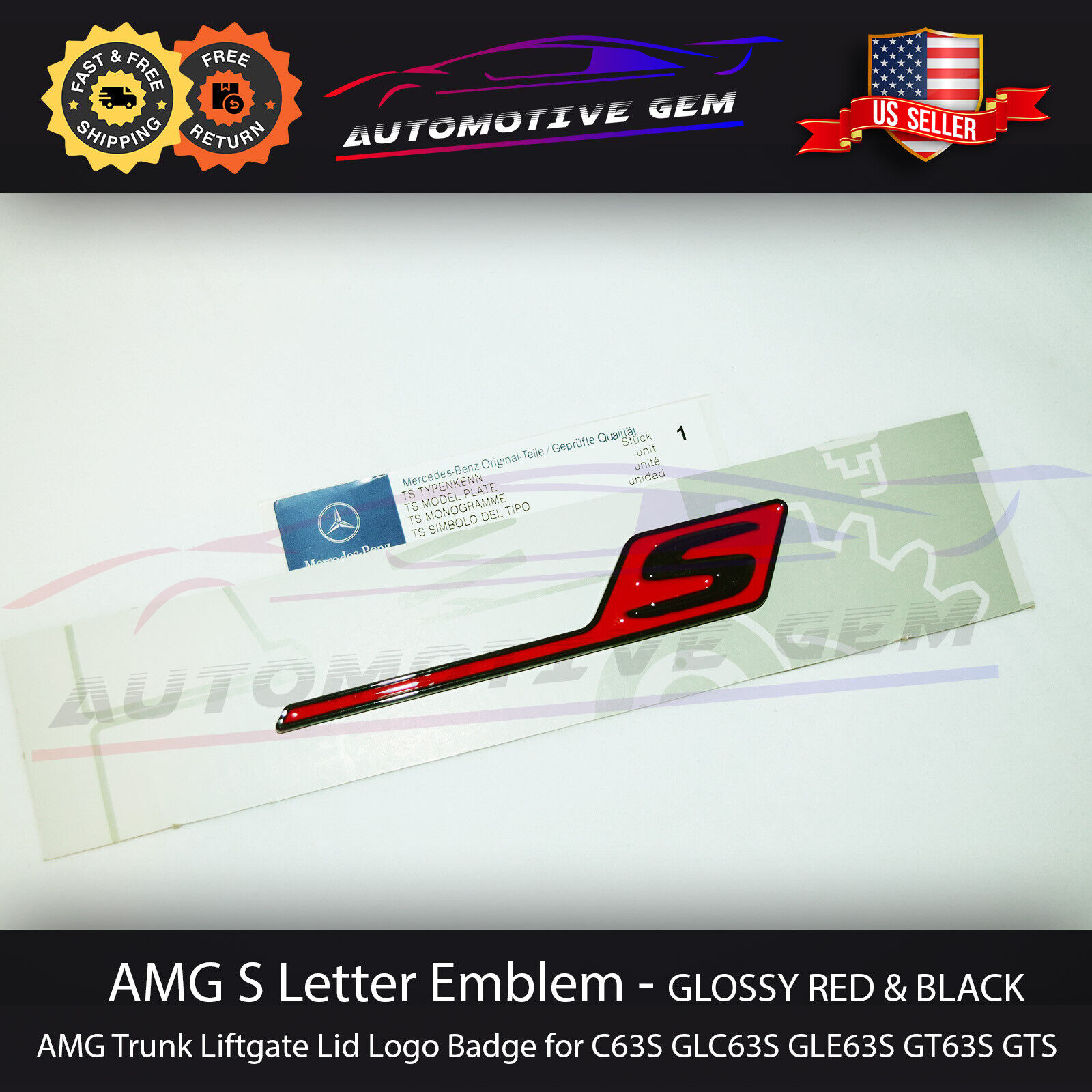 2019 AMG S Letter Trunk Emblem Glossy Red Black Badge C63S GTS GT63S GLC63S E63S