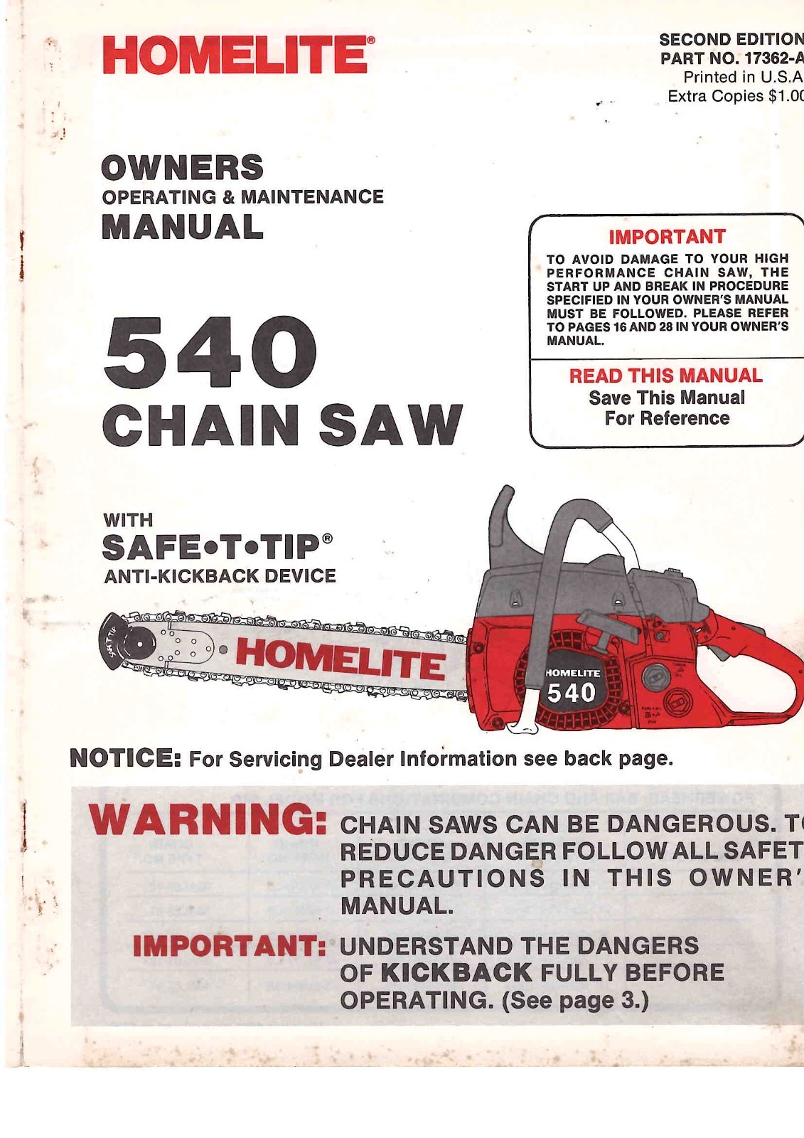 1988 Homelite 540 Chainsaw Owner Manaul 36 pages in color 1988 Homelite 540 Chainsaw Owner Manaul 36 pages in color
