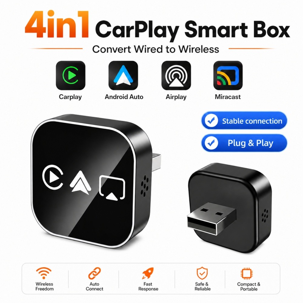 Upgrade 4In1 Wired to Wireless CarPlay Android Auto AirPlay Mirror Link Adapter