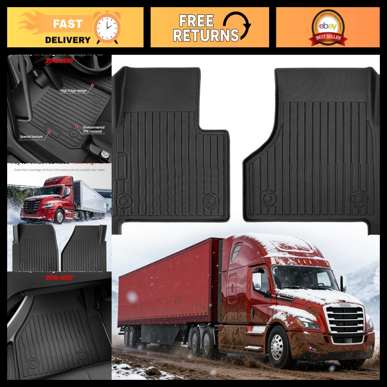 Premium Floor Mats for Freightliner Cascadia 2018-2027 | Durable Cab Mats, All-W Premium Floor Mats for Freightliner Cascadia 2018-2027 | Durable Cab Mats, All-W