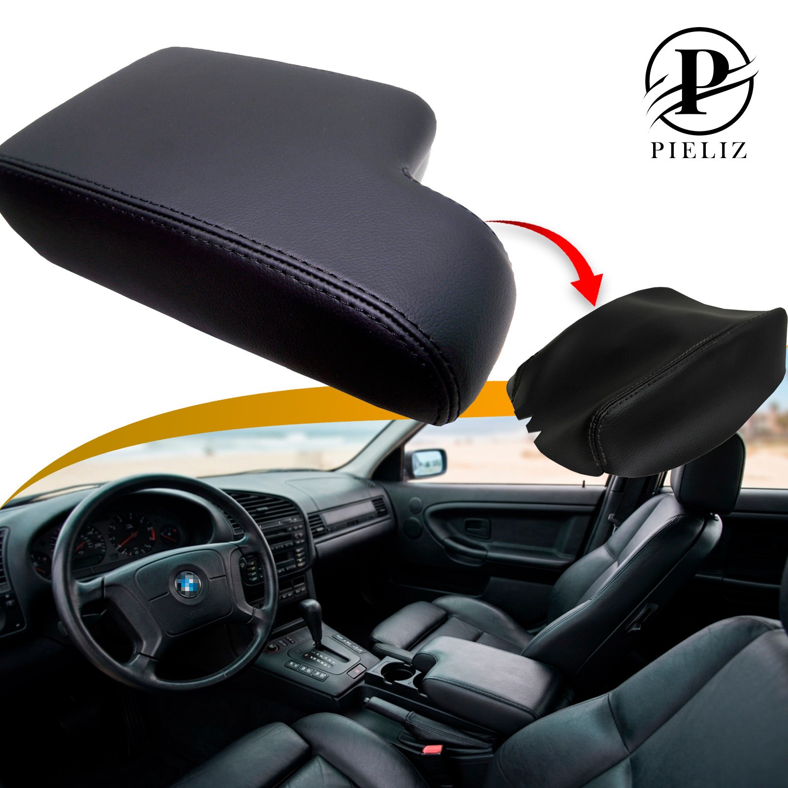 Fits 1992-1999 BMW E36 Center Console Armrest PU Leather Cover Black