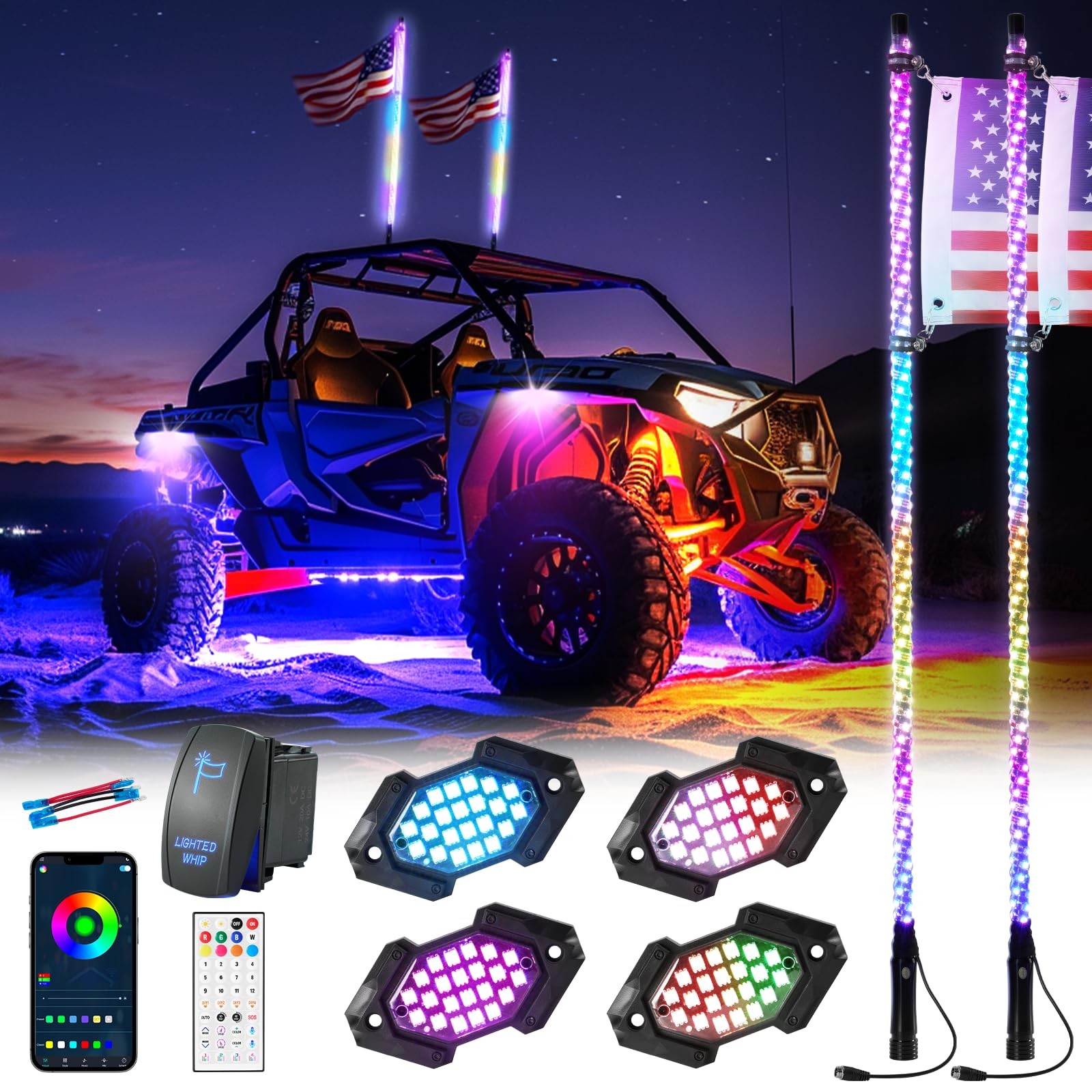 Blogole 2PCS 4FT Whip Light and 4PCS 2Pcs +4Pcs Rock Lights, Multicolor Blogole 2PCS 4FT Whip Light and 4PCS 2Pcs +4Pcs Rock Lights, Multicolor