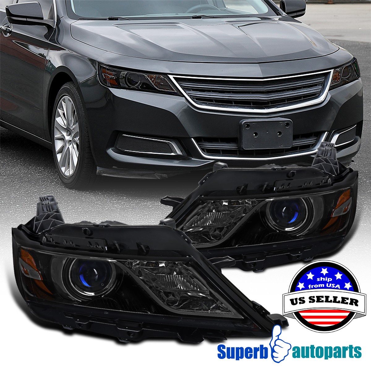 Smoke Black Projector Headlights for 2014-2020 Chevy Impala Halogen Lamp Smoke Black Projector Headlights for 2014-2020 Chevy Impala Halogen Lamp